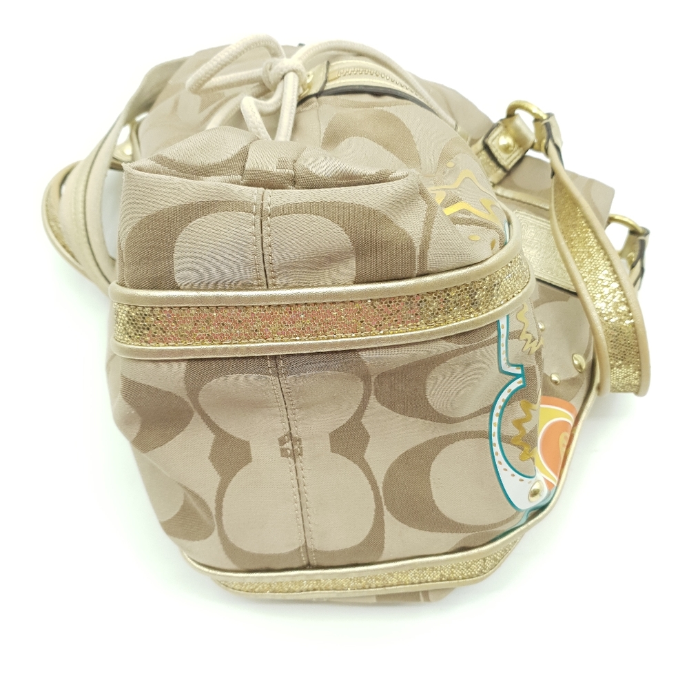Coach Poppy Applique Purse Shoulder Bag Gold Sparkly Colorful Hearts Pink Inside - Picture 6 of 12
